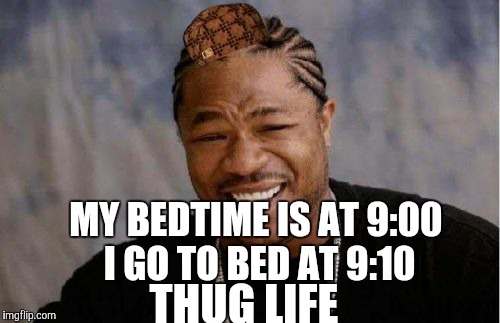 Yo Dawg Heard You | MY BEDTIME IS AT 9:00 I GO TO BED AT 9:10 THUG LIFE | image tagged in memes,yo dawg heard you,scumbag | made w/ Imgflip meme maker