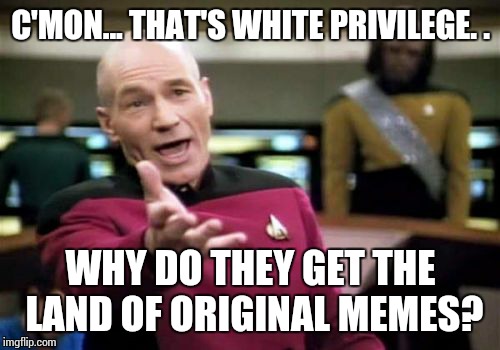 Picard Wtf Meme | C'MON... THAT'S WHITE PRIVILEGE. . WHY DO THEY GET THE LAND OF ORIGINAL MEMES? | image tagged in memes,picard wtf | made w/ Imgflip meme maker