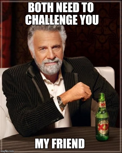 The Most Interesting Man In The World Meme | BOTH NEED TO CHALLENGE YOU MY FRIEND | image tagged in memes,the most interesting man in the world | made w/ Imgflip meme maker