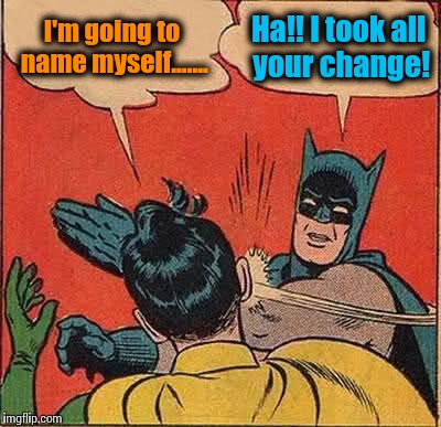 Batman Slapping Robin Meme | I'm going to name myself....... Ha!! I took all your change! | image tagged in memes,batman slapping robin | made w/ Imgflip meme maker
