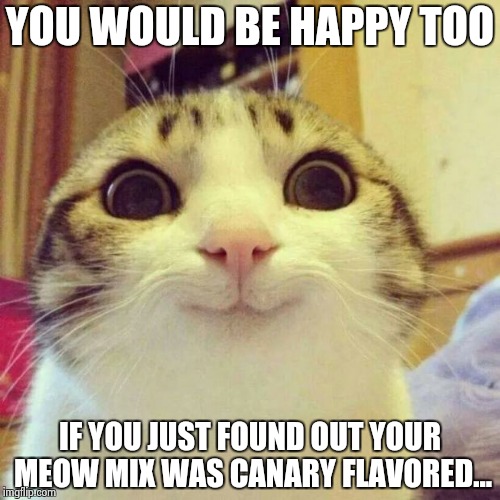 Smiling Cat Meme | YOU WOULD BE HAPPY TOO IF YOU JUST FOUND OUT YOUR MEOW MIX WAS CANARY FLAVORED... | image tagged in memes,smiling cat | made w/ Imgflip meme maker