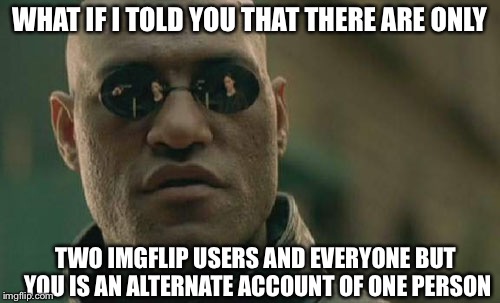 Matrix Morpheus | WHAT IF I TOLD YOU THAT THERE ARE ONLY TWO IMGFLIP USERS AND EVERYONE BUT YOU IS AN ALTERNATE ACCOUNT OF ONE PERSON | image tagged in memes,matrix morpheus | made w/ Imgflip meme maker