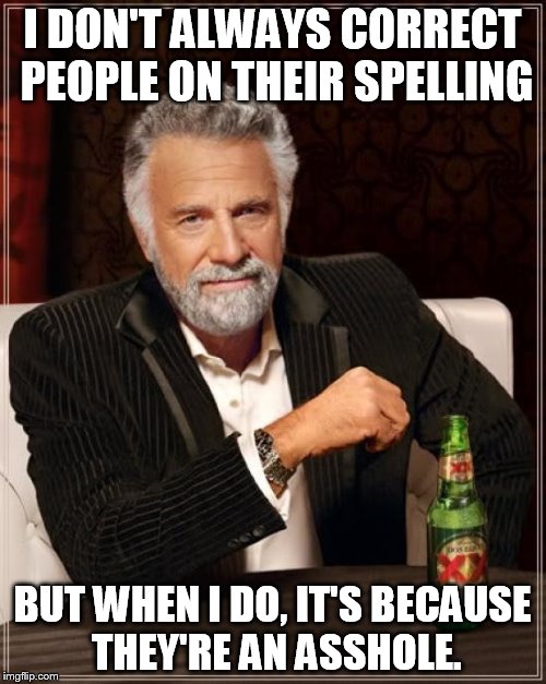 The Most Interesting Man In The World | I DON'T ALWAYS CORRECT PEOPLE ON THEIR SPELLING BUT WHEN I DO, IT'S BECAUSE THEY'RE AN ASSHOLE. | image tagged in memes,the most interesting man in the world | made w/ Imgflip meme maker