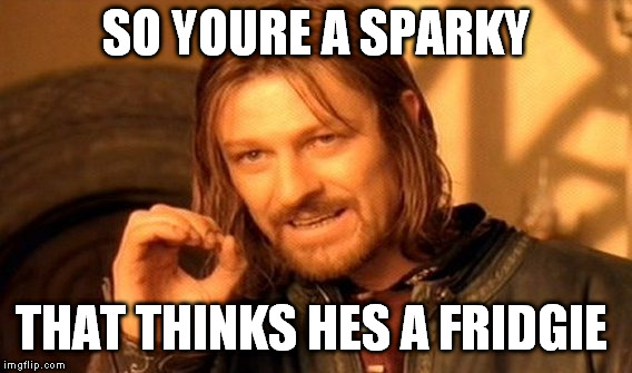 One Does Not Simply Meme | SO YOURE A SPARKY THAT THINKS HES A FRIDGIE | image tagged in memes,one does not simply | made w/ Imgflip meme maker