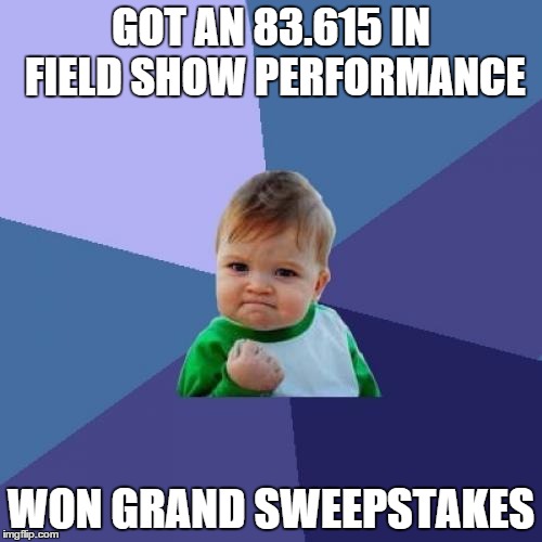 Success Kid Meme | GOT AN 83.615 IN FIELD SHOW PERFORMANCE WON GRAND SWEEPSTAKES | image tagged in memes,success kid | made w/ Imgflip meme maker