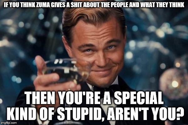 Leonardo Dicaprio Cheers Meme | IF YOU THINK ZUMA GIVES A SHIT ABOUT THE PEOPLE AND WHAT THEY THINK THEN YOU'RE A SPECIAL KIND OF STUPID, AREN'T YOU? | image tagged in memes,leonardo dicaprio cheers | made w/ Imgflip meme maker
