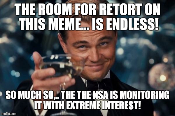 Leonardo Dicaprio Cheers Meme | THE ROOM FOR RETORT ON THIS MEME... IS ENDLESS! SO MUCH SO,.. THE THE NSA IS MONITORING IT WITH EXTREME INTEREST! | image tagged in memes,leonardo dicaprio cheers | made w/ Imgflip meme maker