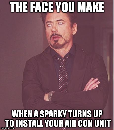 Face You Make Robert Downey Jr Meme | THE FACE YOU MAKE WHEN A SPARKY TURNS UP TO INSTALL YOUR AIR CON UNIT | image tagged in memes,face you make robert downey jr | made w/ Imgflip meme maker