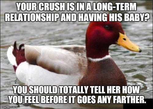 Malicious Advice Mallard | YOUR CRUSH IS IN A LONG-TERM RELATIONSHIP AND HAVING HIS BABY? YOU SHOULD TOTALLY TELL HER HOW YOU FEEL BEFORE IT GOES ANY FARTHER. | image tagged in memes,malicious advice mallard | made w/ Imgflip meme maker