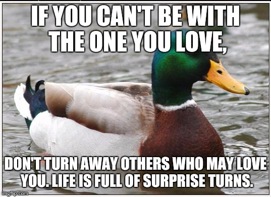 Actual Advice Mallard | IF YOU CAN'T BE WITH THE ONE YOU LOVE, DON'T TURN AWAY OTHERS WHO MAY LOVE YOU. LIFE IS FULL OF SURPRISE TURNS. | image tagged in memes,actual advice mallard | made w/ Imgflip meme maker