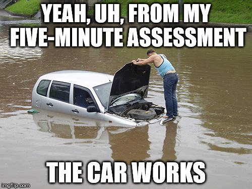 flooded | YEAH, UH, FROM MY FIVE-MINUTE ASSESSMENT THE CAR WORKS | image tagged in flooded | made w/ Imgflip meme maker