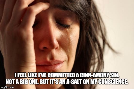 First World Problems Meme | I FEEL LIKE I'VE COMMITTED A CINN-AMONY SIN. NOT A BIG ONE, BUT IT'S AN A-SALT ON MY CONSCIENCE. | image tagged in memes,first world problems | made w/ Imgflip meme maker