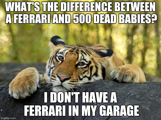 Confession Tiger | WHAT'S THE DIFFERENCE BETWEEN A FERRARI AND 500 DEAD BABIES? I DON'T HAVE A FERRARI IN MY GARAGE | image tagged in confession tiger | made w/ Imgflip meme maker