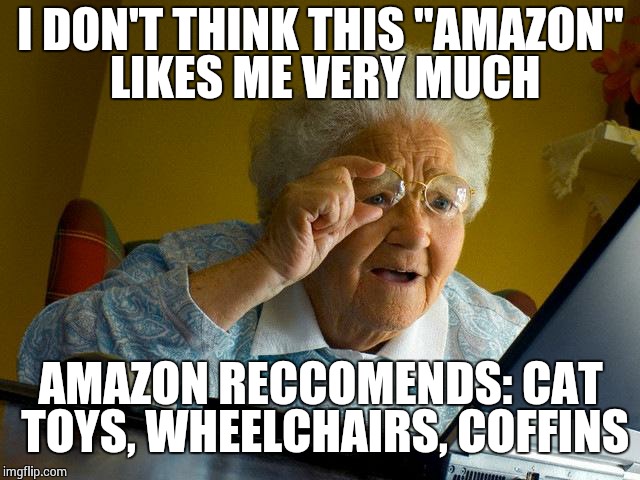 Grandma Finds The Internet | I DON'T THINK THIS "AMAZON" LIKES ME VERY MUCH AMAZON RECCOMENDS: CAT TOYS, WHEELCHAIRS, COFFINS | image tagged in memes,grandma finds the internet | made w/ Imgflip meme maker
