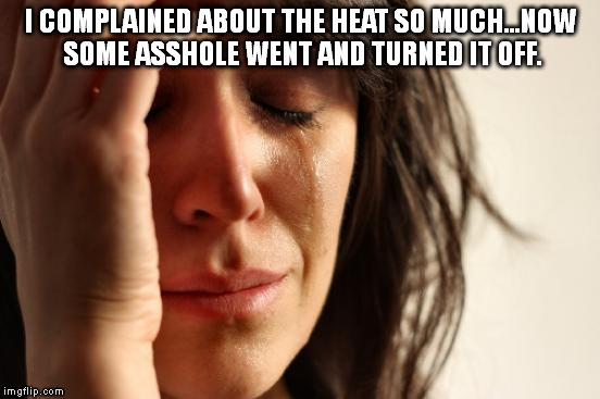 First World Problems Meme | I COMPLAINED ABOUT THE HEAT SO MUCH...NOW SOME ASSHOLE WENT AND TURNED IT OFF. | image tagged in memes,first world problems | made w/ Imgflip meme maker