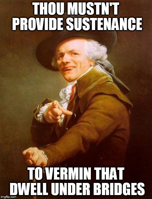 Joseph Ducreux | THOU MUSTN'T PROVIDE SUSTENANCE TO VERMIN THAT DWELL UNDER BRIDGES | image tagged in memes,joseph ducreux | made w/ Imgflip meme maker