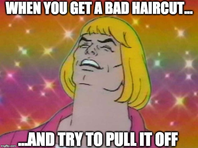 WHEN YOU GET A BAD HAIRCUT... ...AND TRY TO PULL IT OFF | image tagged in haircut | made w/ Imgflip meme maker