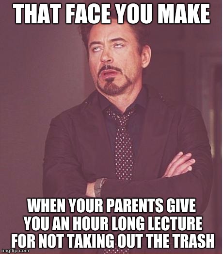 Face You Make Robert Downey Jr | THAT FACE YOU MAKE WHEN YOUR PARENTS GIVE YOU AN HOUR LONG LECTURE FOR NOT TAKING OUT THE TRASH | image tagged in memes,face you make robert downey jr | made w/ Imgflip meme maker