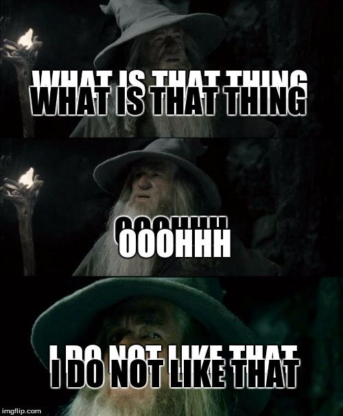 Confused Gandalf | WHAT IS THAT THING OOOHHH I DO NOT LIKE THAT WHAT IS THAT THING OOOHHH I DO NOT LIKE THAT | image tagged in memes,confused gandalf | made w/ Imgflip meme maker