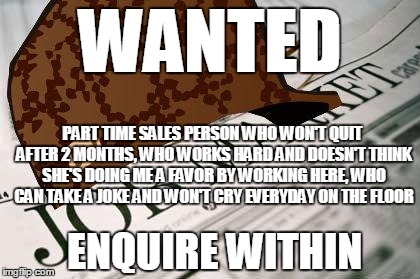 Scumbag Job Market | WANTED PART TIME SALES PERSON WHO WON'T QUIT AFTER 2 MONTHS, WHO WORKS HARD AND DOESN'T THINK SHE'S DOING ME A FAVOR BY WORKING HERE, WHO CA | image tagged in memes,scumbag job market,scumbag, scumbag job market | made w/ Imgflip meme maker