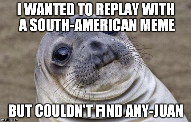 Awkward Moment Sealion Meme | I WANTED TO REPLAY WITH A SOUTH-AMERICAN MEME BUT COULDN'T FIND ANY-JUAN | image tagged in memes,awkward moment sealion | made w/ Imgflip meme maker