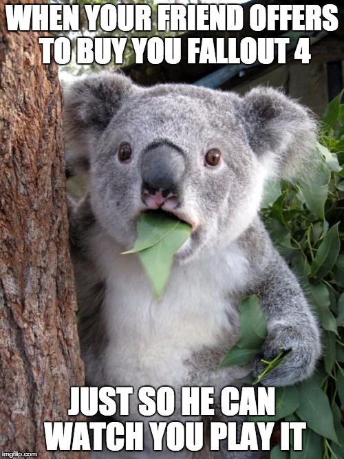 Surprised Koala Meme | WHEN YOUR FRIEND OFFERS TO BUY YOU FALLOUT 4 JUST SO HE CAN WATCH YOU PLAY IT | image tagged in memes,surprised koala,AdviceAnimals | made w/ Imgflip meme maker