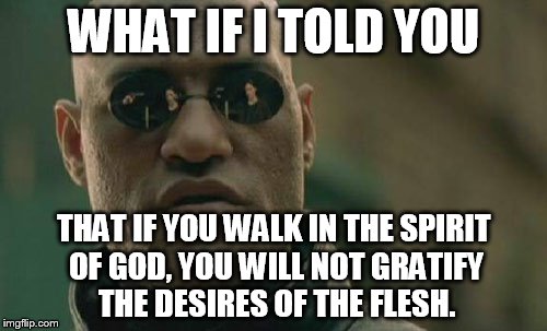 Matrix Morpheus | WHAT IF I TOLD YOU THAT IF YOU WALK IN THE SPIRIT OF GOD, YOU WILL NOT GRATIFY THE DESIRES OF THE FLESH. | image tagged in memes,matrix morpheus | made w/ Imgflip meme maker