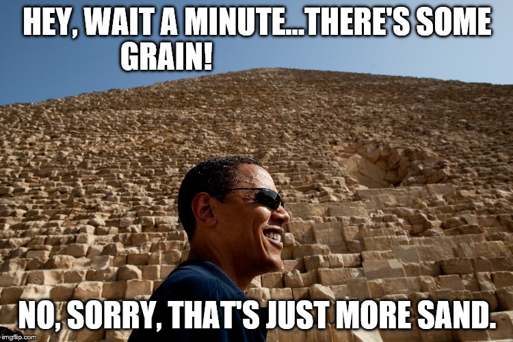 HEY, WAIT A MINUTE...THERE'S SOME GRAIN! NO, SORRY, THAT'S JUST MORE SAND. | image tagged in ben carson,obama,pyramid,grain | made w/ Imgflip meme maker