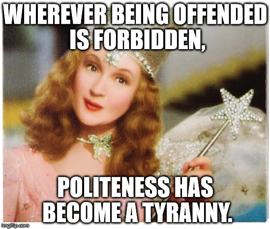 Glinda Speaks Out | WHEREVER BEING OFFENDED IS FORBIDDEN, POLITENESS HAS BECOME A TYRANNY. | image tagged in political correctness | made w/ Imgflip meme maker