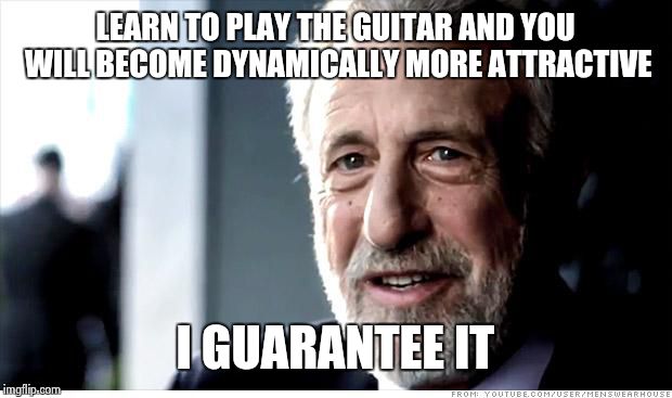 never learned to play myself | LEARN TO PLAY THE GUITAR AND YOU WILL BECOME DYNAMICALLY MORE ATTRACTIVE I GUARANTEE IT | image tagged in memes,i guarantee it | made w/ Imgflip meme maker