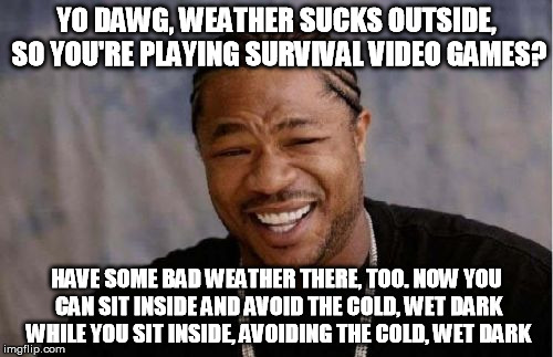 What Have We Come To? / Hope It Has Crafting! | YO DAWG, WEATHER SUCKS OUTSIDE, SO YOU'RE PLAYING SURVIVAL VIDEO GAMES? HAVE SOME BAD WEATHER THERE, TOO. NOW YOU CAN SIT INSIDE AND AVOID T | image tagged in memes,yo dawg heard you,video games,survival,cold weather,minecraft | made w/ Imgflip meme maker