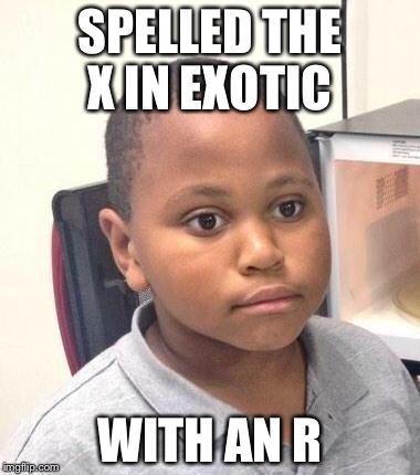 Minor Mistake Marvin Meme | SPELLED THE X IN EXOTIC WITH AN R | image tagged in memes,minor mistake marvin | made w/ Imgflip meme maker