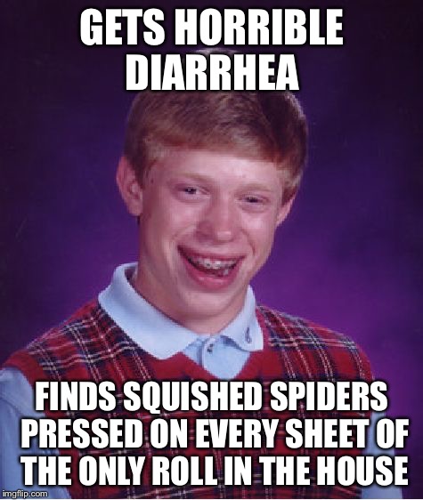 Bad Luck Brian Meme | GETS HORRIBLE DIARRHEA FINDS SQUISHED SPIDERS PRESSED ON EVERY SHEET OF THE ONLY ROLL IN THE HOUSE | image tagged in memes,bad luck brian,AdviceAnimals | made w/ Imgflip meme maker