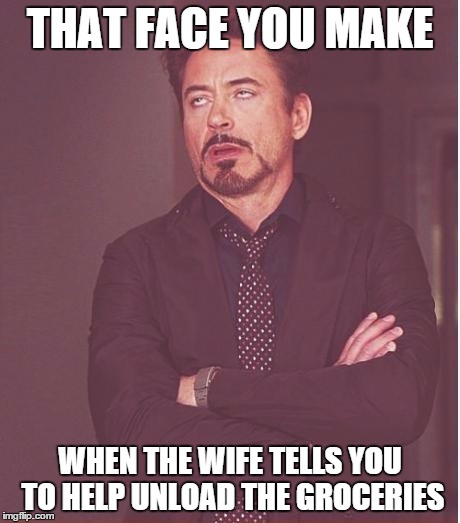 Face You Make Robert Downey Jr | THAT FACE YOU MAKE WHEN THE WIFE TELLS YOU TO HELP UNLOAD THE GROCERIES | image tagged in memes,face you make robert downey jr | made w/ Imgflip meme maker