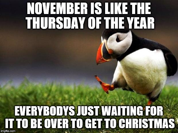Unpopular Opinion Puffin Meme | NOVEMBER IS LIKE THE THURSDAY OF THE YEAR EVERYBODYS JUST WAITING FOR IT TO BE OVER TO GET TO CHRISTMAS | image tagged in memes,unpopular opinion puffin | made w/ Imgflip meme maker
