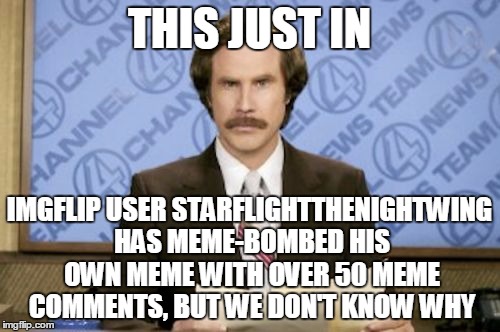 THIS JUST IN IMGFLIP USER STARFLIGHTTHENIGHTWING HAS MEME-BOMBED HIS OWN MEME WITH OVER 50 MEME COMMENTS, BUT WE DON'T KNOW WHY | made w/ Imgflip meme maker