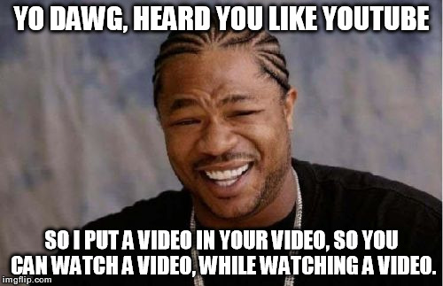 Yo Dawg Heard You | YO DAWG, HEARD YOU LIKE YOUTUBE SO I PUT A VIDEO IN YOUR VIDEO, SO YOU CAN WATCH A VIDEO, WHILE WATCHING A VIDEO. | image tagged in memes,yo dawg heard you | made w/ Imgflip meme maker