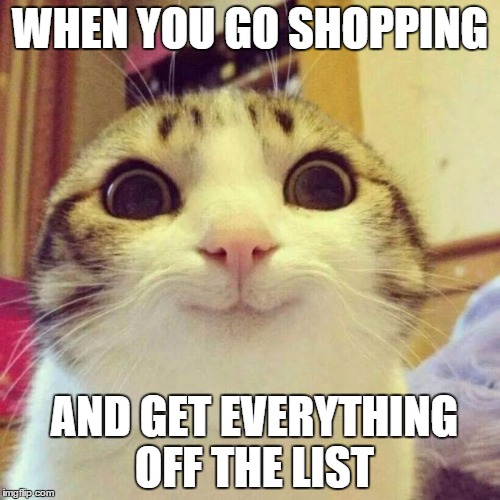 Smiling Cat | WHEN YOU GO SHOPPING AND GET EVERYTHING OFF THE LIST | image tagged in memes,smiling cat | made w/ Imgflip meme maker