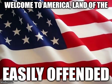 AMERICA | WELCOME TO AMERICA, LAND OF THE EASILY OFFENDED | image tagged in american flag | made w/ Imgflip meme maker