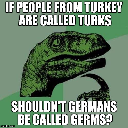 Philosoraptor | IF PEOPLE FROM TURKEY ARE CALLED TURKS SHOULDN'T GERMANS BE CALLED GERMS? | image tagged in memes,philosoraptor | made w/ Imgflip meme maker