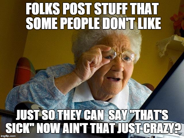 Grandma Finds The Internet Meme | FOLKS POST STUFF THAT SOME PEOPLE DON'T LIKE JUST SO THEY CAN  SAY "THAT'S SICK" NOW AIN'T THAT JUST CRAZY? | image tagged in memes,grandma finds the internet | made w/ Imgflip meme maker