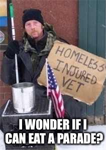 Veteran | I WONDER IF I CAN EAT A PARADE? | image tagged in veteran | made w/ Imgflip meme maker