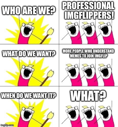What Do We Want 3 Meme | WHO ARE WE? PROFESSIONAL IMGFLIPPERS! WHAT DO WE WANT? MORE PEOPLE WHO UNDERSTAND MEMES TO JOIN IMGFLIP WHEN DO WE WANT IT? WHAT? | image tagged in memes,what do we want 3 | made w/ Imgflip meme maker