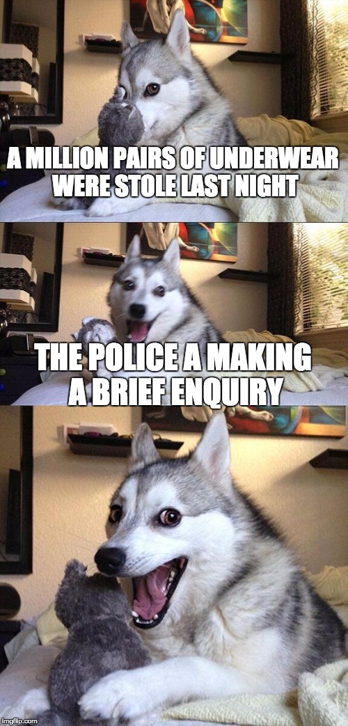 Bad Pun Dog | A MILLION PAIRS OF UNDERWEAR WERE STOLE LAST NIGHT THE POLICE A MAKING A BRIEF ENQUIRY | image tagged in memes,bad pun dog | made w/ Imgflip meme maker