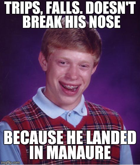 Bad Luck Brian Meme | TRIPS, FALLS. DOESN'T BREAK HIS NOSE BECAUSE HE LANDED IN MANAURE | image tagged in memes,bad luck brian | made w/ Imgflip meme maker