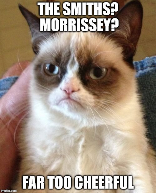 If you don't know - Morrissey was the lead singer of The Smiths. Check them out. | THE SMITHS? MORRISSEY? FAR TOO CHEERFUL | image tagged in memes,grumpy cat,the smiths,morrissey | made w/ Imgflip meme maker