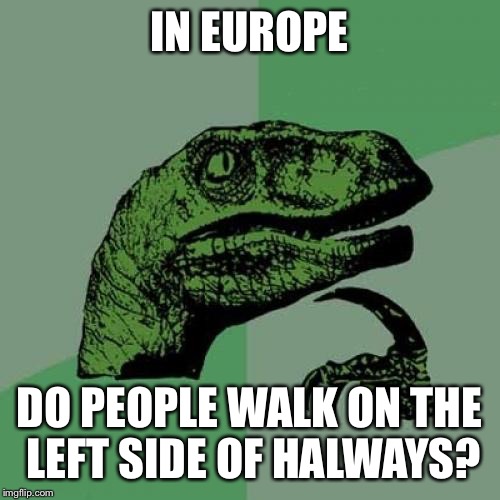 Philosoraptor Meme | IN EUROPE DO PEOPLE WALK ON THE LEFT SIDE OF HALWAYS? | image tagged in memes,philosoraptor | made w/ Imgflip meme maker