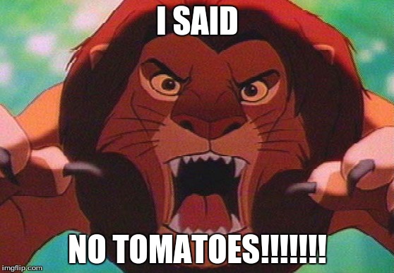 Simba's NOT a vegetarian | I SAID NO TOMATOES!!!!!!! | image tagged in burger mess-up | made w/ Imgflip meme maker