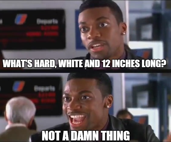 That Chris Tucker, what a funny dude... | WHAT'S HARD, WHITE AND 12 INCHES LONG? NOT A DAMN THING | image tagged in chris tucker how funny | made w/ Imgflip meme maker