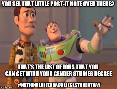 X, X Everywhere Meme | YOU SEE THAT LITTLE POST-IT NOTE OVER THERE? THAT'S THE LIST OF JOBS THAT YOU CAN GET WITH YOUR GENDER STUDIES DEGREE #NATIONALOFFENDACOLLEG | image tagged in memes,x x everywhere | made w/ Imgflip meme maker